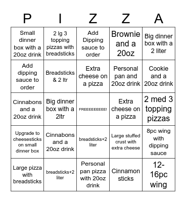 Pizza Hut Bingo Masters!!! Bingo Card