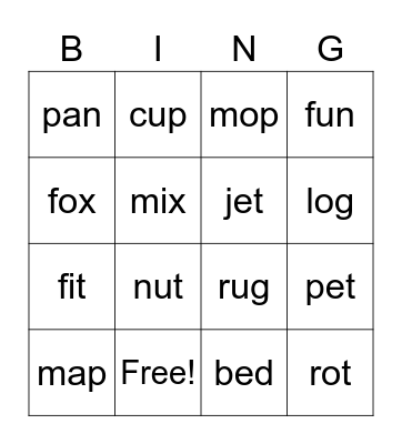 Short Vowel Words Bingo Card