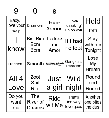 JukeBox Bingo 90s Bingo Card