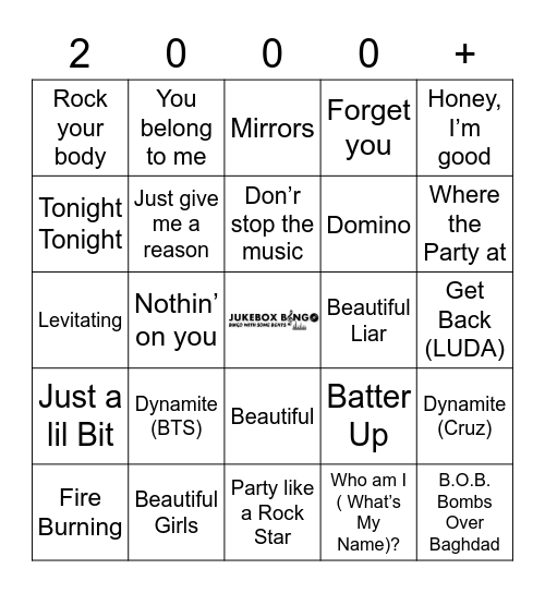 JukeBox Bingo 2K+ Bingo Card