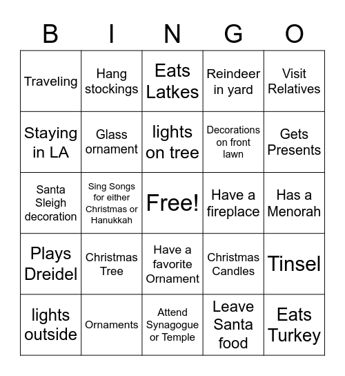 Winter Holiday Bingo Card