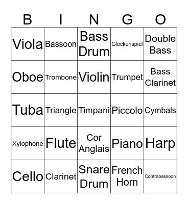 Instruments of the Symphony Orchestra Bingo Card