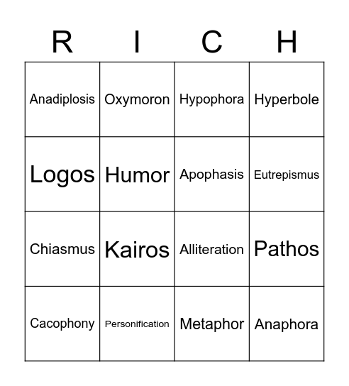 Rhetorical Bingo: Books 1 & 2 Bingo Card