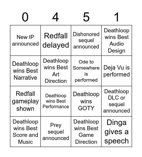 Arkane at the Game Awards 2021 Bingo Card