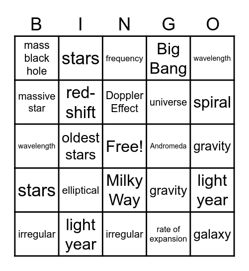 Our Universe Bingo Card