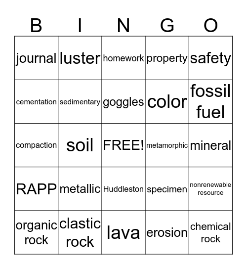 Rocks, Minerals, and Soils Bingo Card