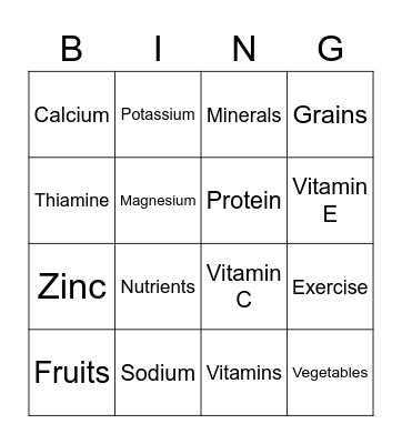 Vitamins & Minerals Bingo Card