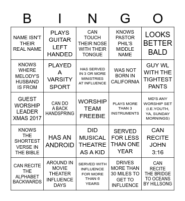 Worship Team Dinner Bingo Card