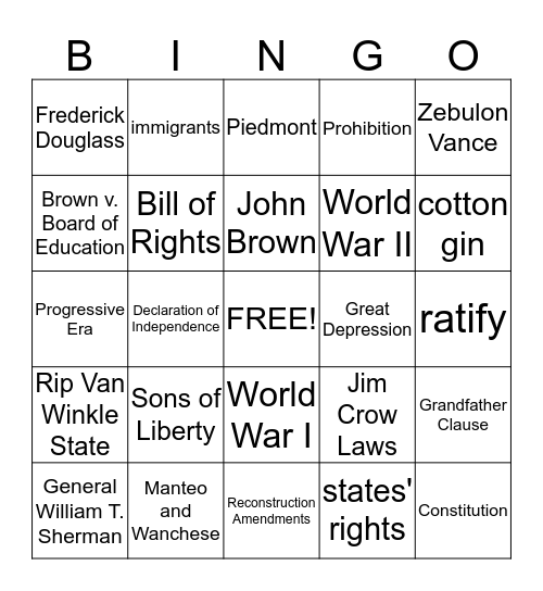 N.C. History Review Bingo 8th Grade Bingo Card