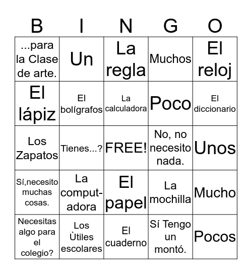 Saying what you have and what you need. Bingo Card
