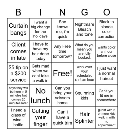 Christmas Hairstylist Bingo Card