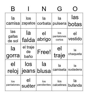 La ropa (kmc2) Bingo Card