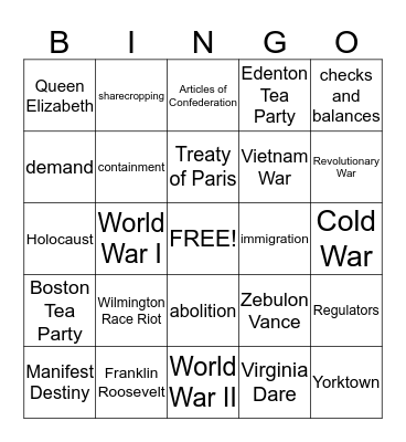 N.C. History Review Bingo 8th Grade Bingo Card