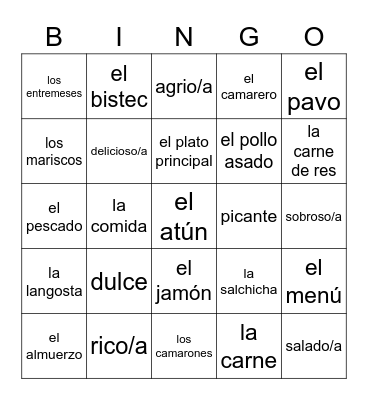 Lección 8: vocabulario Bingo Card