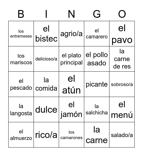 Lección 8: vocabulario Bingo Card