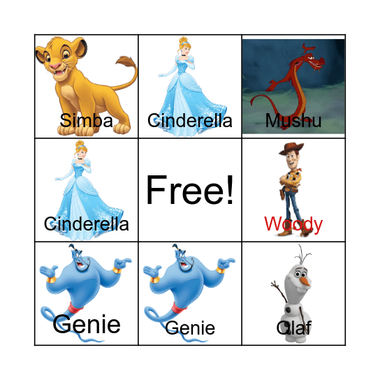 Disney Characters Bingo Card