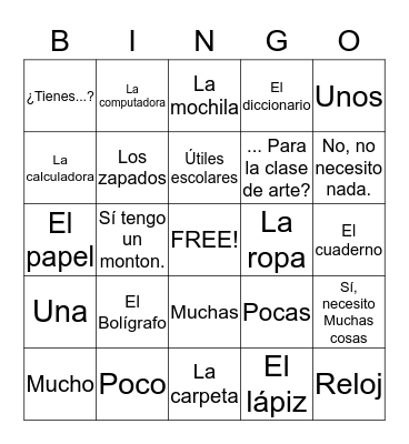 Spanish Bingo Card