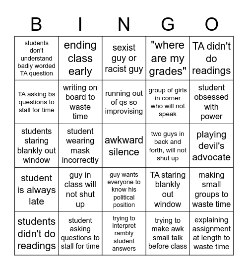 discussion section bingo Card