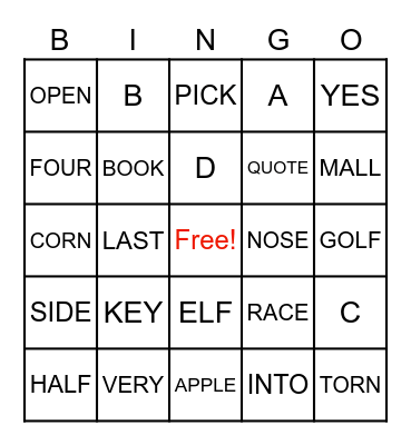 Alphabet Bingo Card