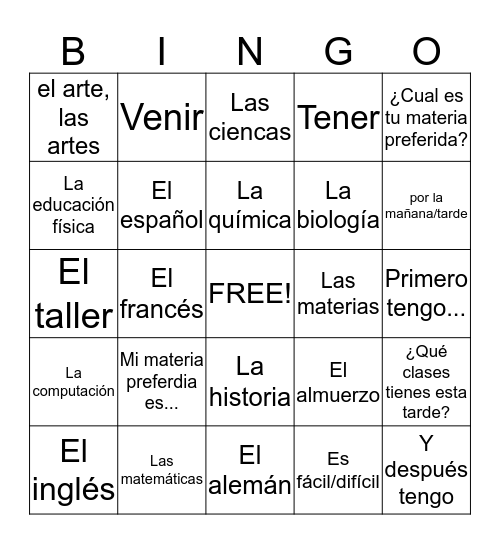 Talking about classes Bingo Card