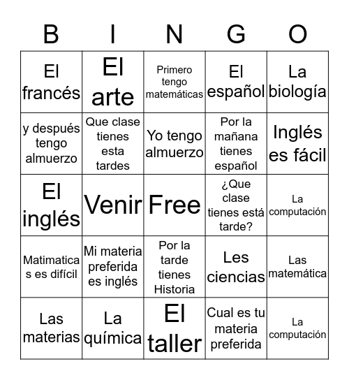 Tal ling about classes  Bingo Card