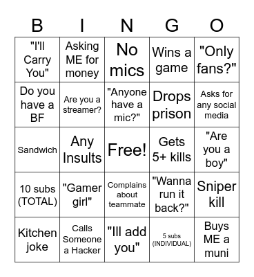Gamer Girl Bingo Card