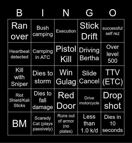 Puffer Warzone Bingo Card