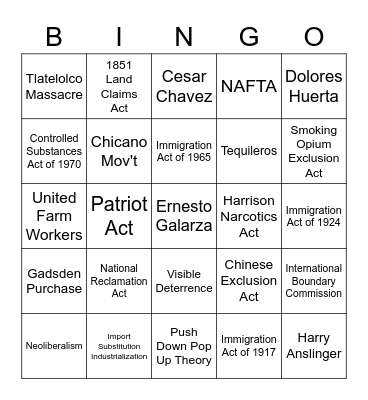 Border History Bingo Card