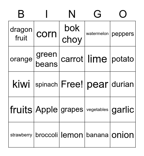Fruits and Veggies Bingo Card