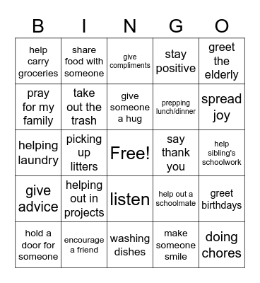 Acts of kindness Bingo Card