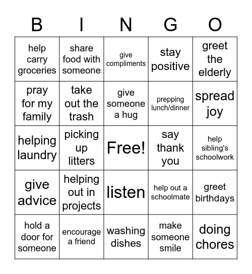 Acts of kindness Bingo Card