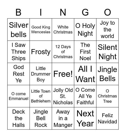 Christmas Songs Bingo Card