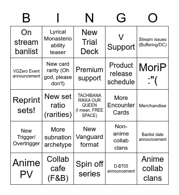 BUSHIROAD VANGUARD STREAM BINGO Card