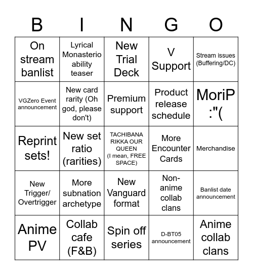 BUSHIROAD VANGUARD STREAM BINGO Card