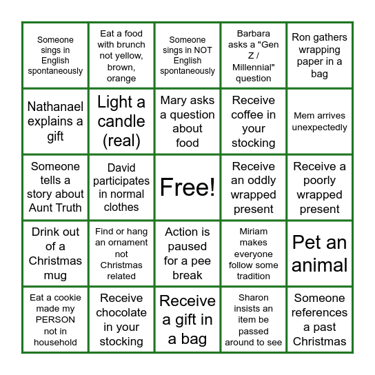 Yarger Family Christmas Bingo Card