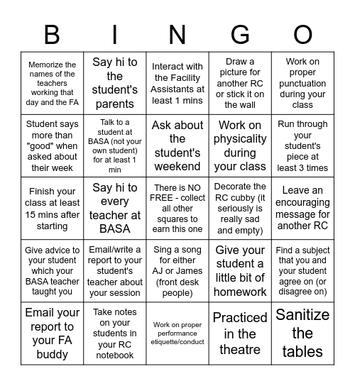 Rehearsal Coach BINGO Card