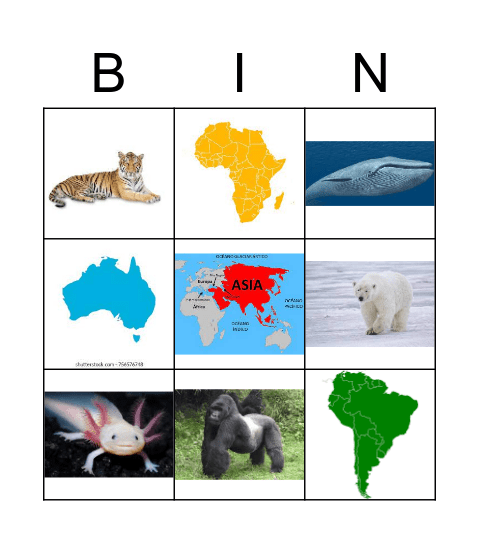 Continents and animals Bingo Card