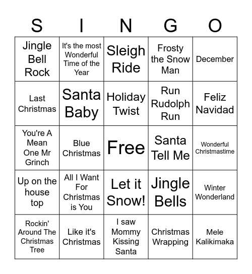 Top Christmas Songs Bingo Card