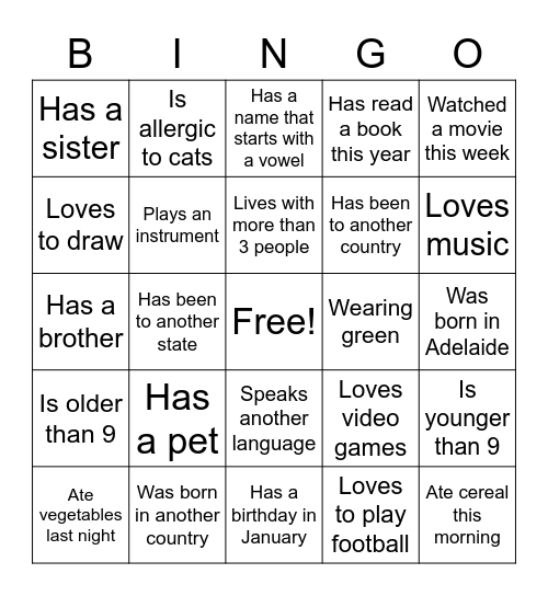 Getting to Know You Bingo Card