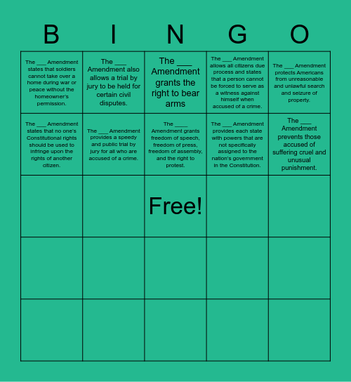 Know your Amendments Bingo Card