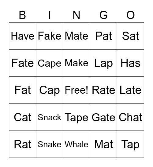 Vowel "A" Bingo Card
