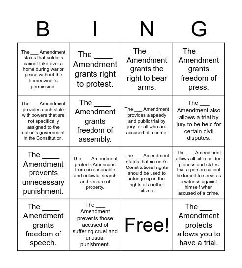 Know Your Amendments Bingo Card