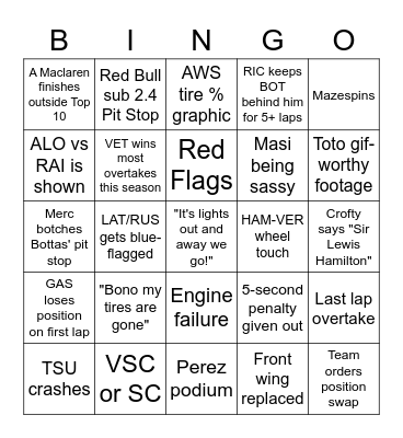 F1 Abu Dhabi 2021 Bingo Card