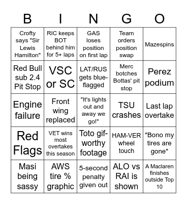F1 Abu Dhabi 2021 Bingo Card