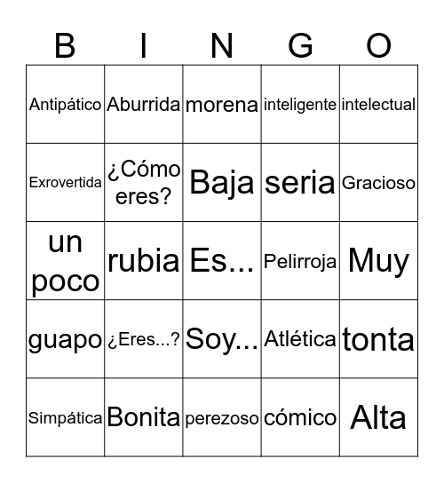 Describing People Bingo Card