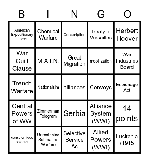 World War 1 Bingo Card