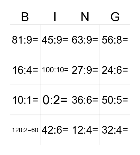Deeltafels tot 10 Bingo Card