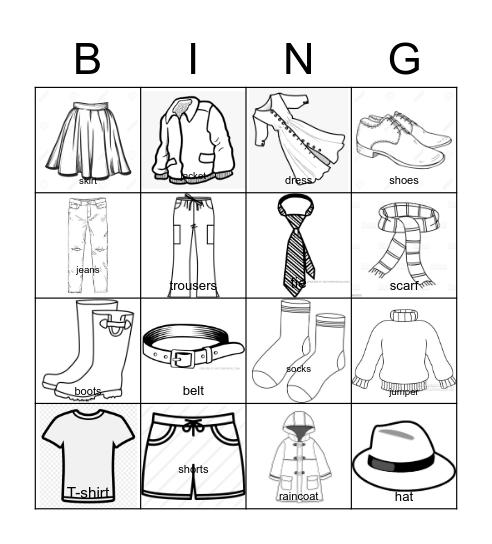 Clothes Bingo! Pictures Bingo Card