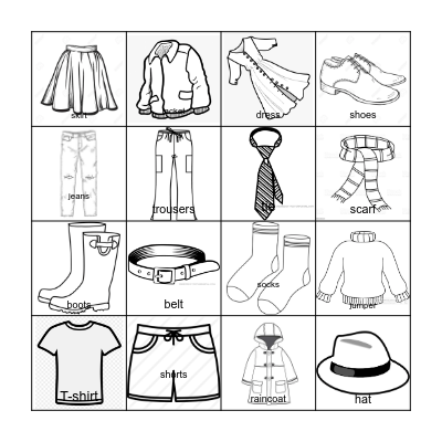 Clothes Bingo! Pictures Bingo Card