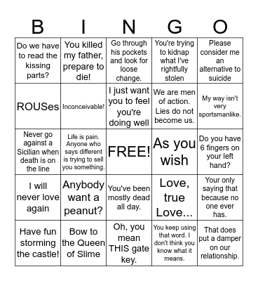 A Princess Bride Bingo Card